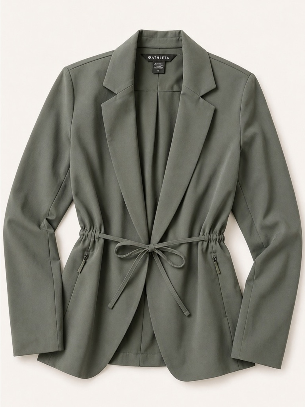Athleta Endless Prima Twill Tie Waist Travel Blazer Green Size 6 Zip Pockets